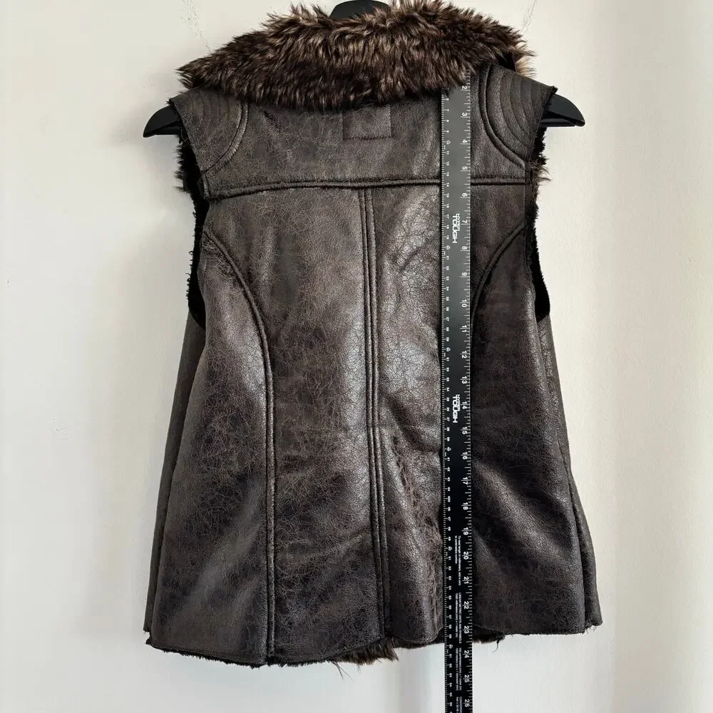 Dots Faux Fur Trim Leather Vest with Zipper Pockets Women's Size M - Picture 6 of 7